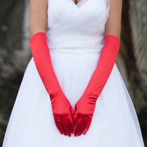 Red Satin  Special Occasion Above the Elbow Design Gloves NWT